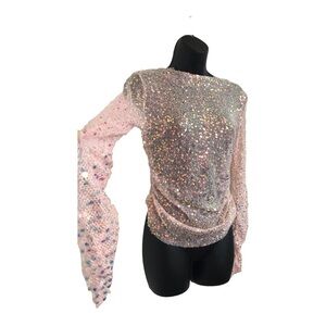 Sans Souci Pink‎ Sequin sheer mesh iridescent shirred side and sleeve top size M